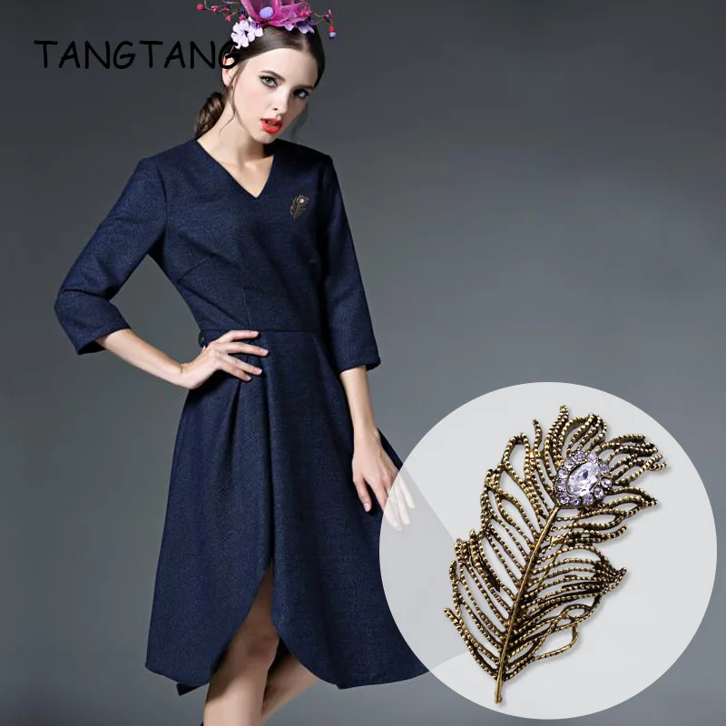 Vintage Antique Bronze Scarf Brooches Clip Jewelry For Women Feather Style Coat Dress Rhinestone Broches Mujer Decoration Gift | Украшения