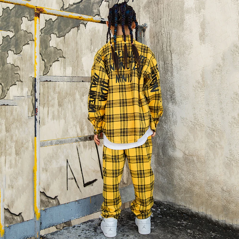 2019 костюм в стиле хип хоп желтая рубашка клетку для девочек и мальчиков брюки