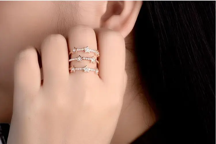 Женское трехслойное изысканное кольцо со звездочками из циркона S925 для
