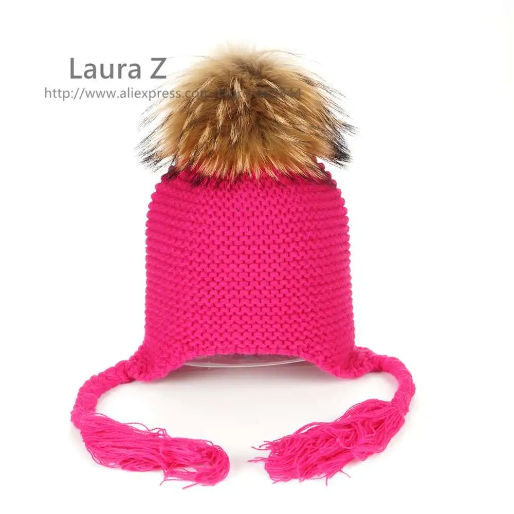 HAT Lavashow/детская трикотажная шапка, шапка из меха енота, норки, лисы, помпон, 15 см, детская шапка, зимний теплый шарф с помпонами, шапка для мальчиков и девочек, подарок - Цвет: HAT