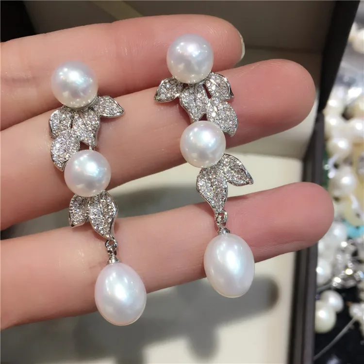 Серьги подвески с натуральным пресноводным жемчугом|drop earrings|drop leaf earringsleaf drop earring |