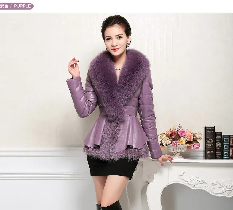 2014 New Leather grass sheep leather oversized fox fur collar down jacket women short paragraph Korean version of Slim Jacket | Женская
