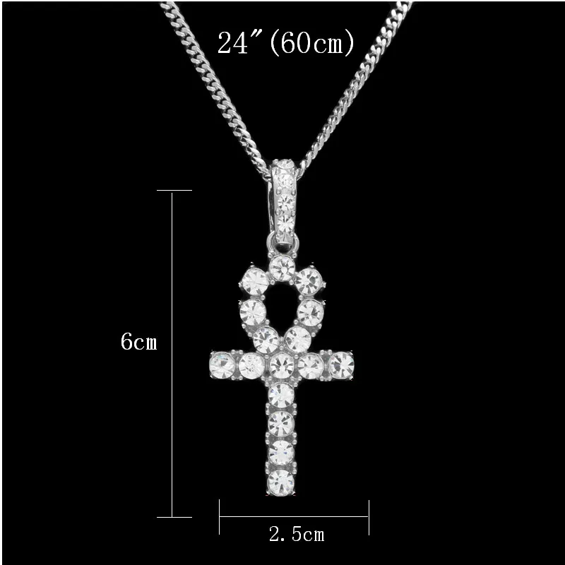 24inch cuban silver UWIN ожерелье АНК Египетские украшения хип-хоп стиль Iced Out Bling Стразы ключ к жизни египетский крест кулон с теннисными цепями - Окраска металла: 24inch cuban silver