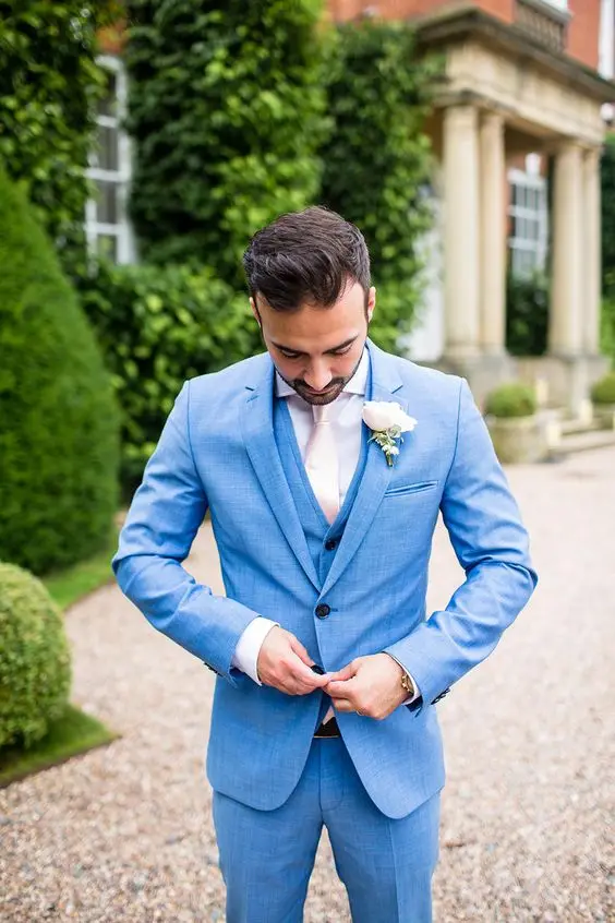 

2017 Latest Coat Pant Designs Light Blue Beach Wedding Men Suit Slim Fit 3 Piece Blazer Custom Bridegroom Tuxedo Terno Masculino