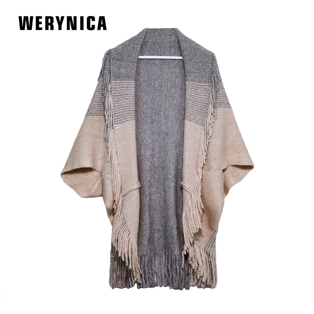 Werynica2018 autumn new women's fashion gradient stripes loose tassel shawl sweater ladies coat gold silk bat sleeve |
