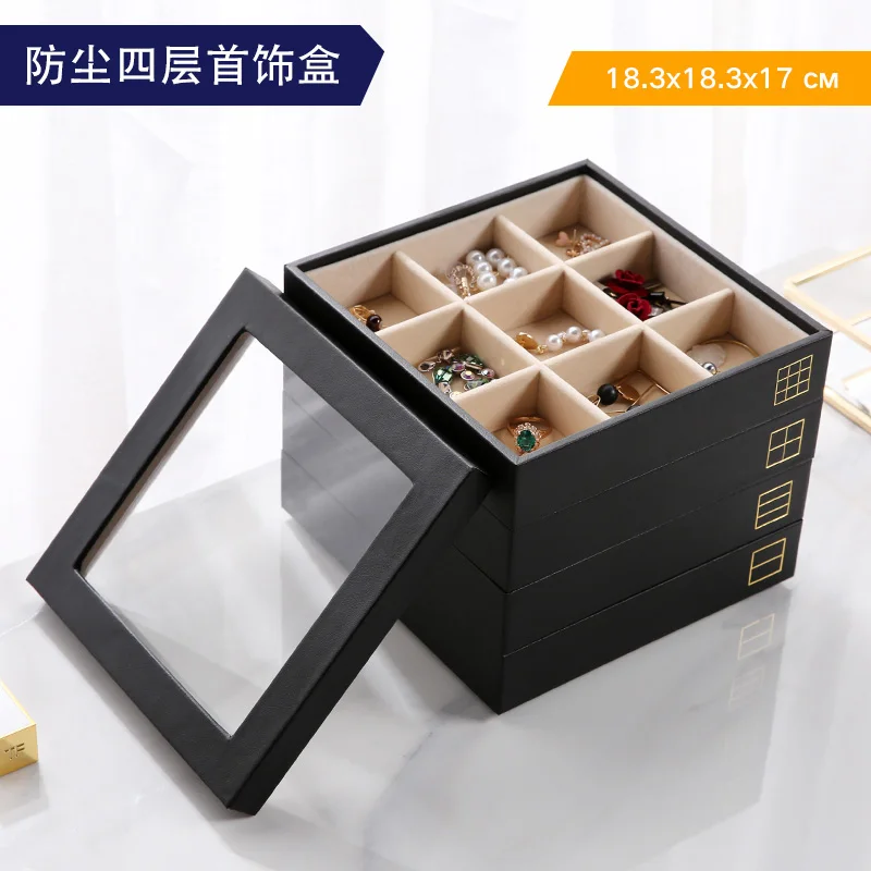 black ANFEI, Новое поступление, черная кожа, 4 слоя, подносы для демонстрации ювелирных изделий, ПУ кожа, кольцо, серьги, очки, подносы для хранения ювелирных изделий Z1411 - Цвет: black