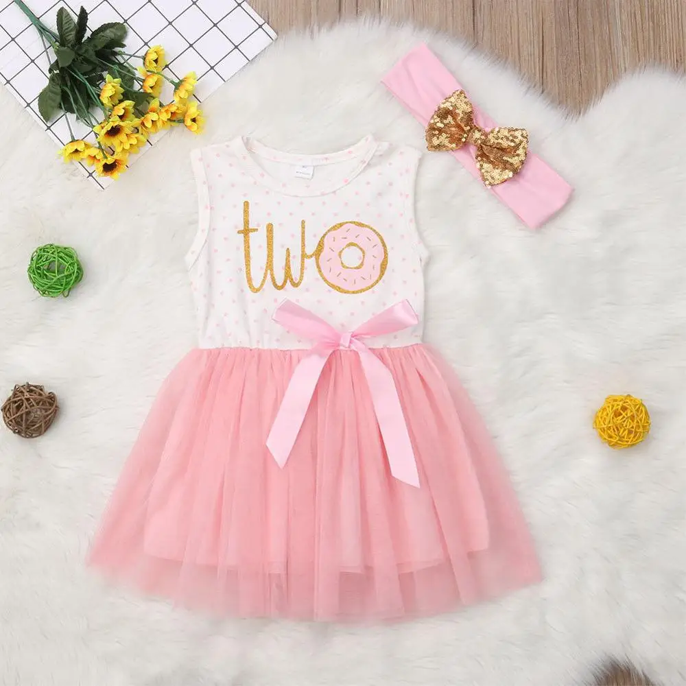 TWO Sleeveless Одежда для маленьких девочек 1, 2, 3 дня рождения, пачка платье комбинезон повязка на голову, комплект одежды, вечерние платья на день рождения свадебное, новогоднее платье для малышей - Цвет: TWO Sleeveless