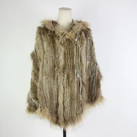 plus size knitted raccoon real fur coat women winter luxury stripe tassel long cape with fur hood rabbit fur poncho jacket