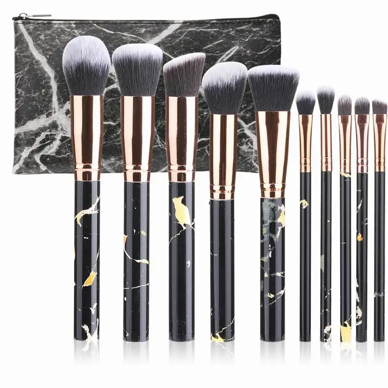 Black with Bag Профессиональные 10 шт мраморные кисти для макияжа набор мягкой основы пудра, кисть для теней на веки красота мрамор макияж инструменты с цилиндром - Handle Color: Black with Bag