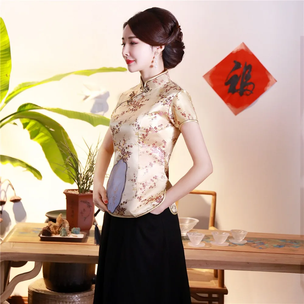Шанхай история короткие Cheongsam Топ Традиционный китайский искусственный шелк/Атласный топ Дракон и Феникс Вышивка Блузка Топ Qipao рубашка