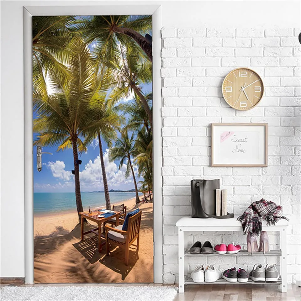 Наклейка на дверь с 3d рисунком кокосового дерева декоративные водонепроницаемые