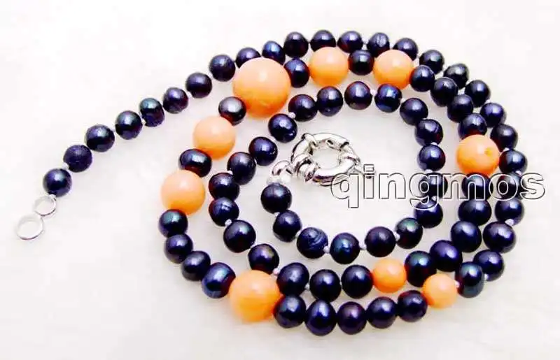Продажа 5-6 мм черный круглый натуральный жемчуг и 6-10 розовый коралл 17 &quotNecklace-nec5926