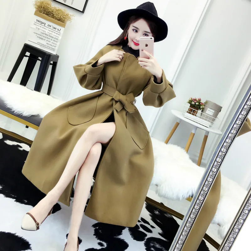 Женское шерстяное зимнее пальто облегающая Длинная шерстяная ветровка с
