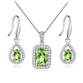 Earring Necklace Set Almei натуральный драгоценный камень Зеленый Перидот крюк серьги женские подвеска ореол ожерелье чистое серебро 925 Ювелирные наборы с коробкой FT001 - Цвет камня: Earring Necklace Set