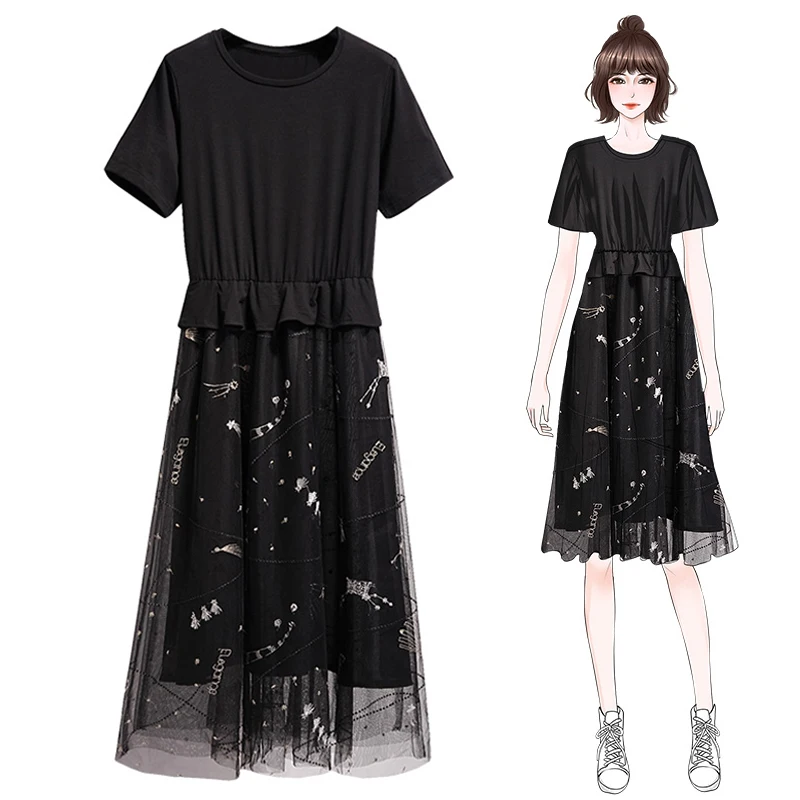 Trytree 2019 Лето Осень вышивка сетка лоскутное Повседневное платье для женщин