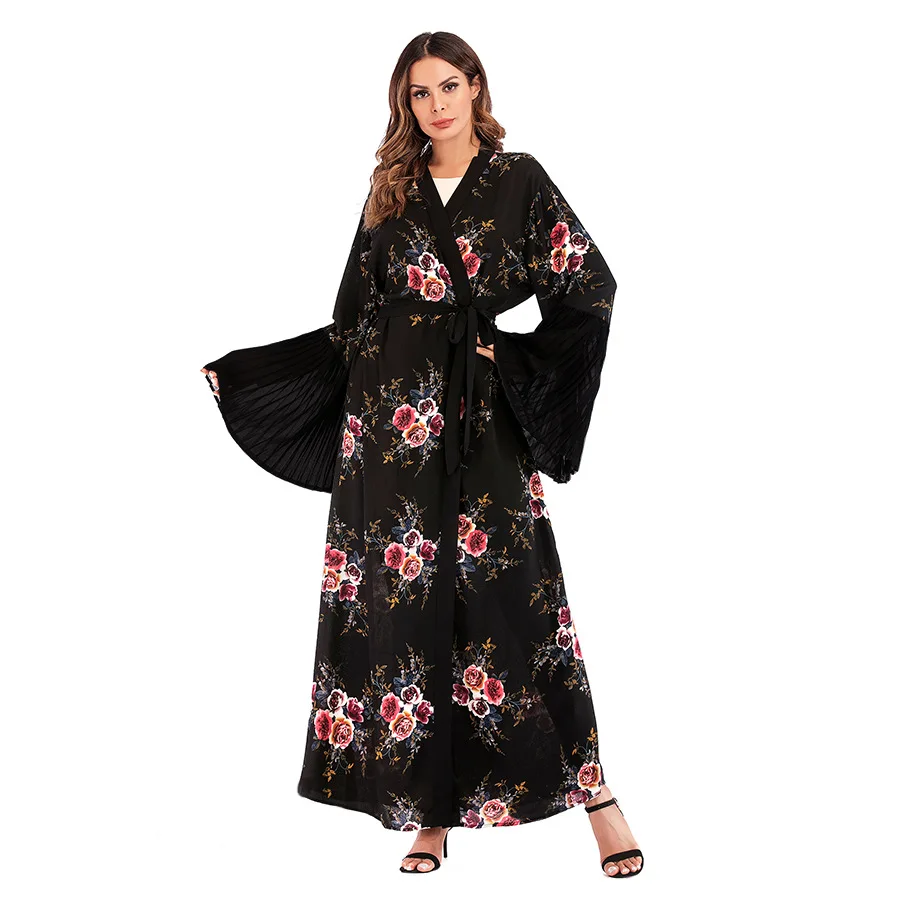 2019 женское мусульманское платье с цветочным принтом Абая расклешенными рукавами
