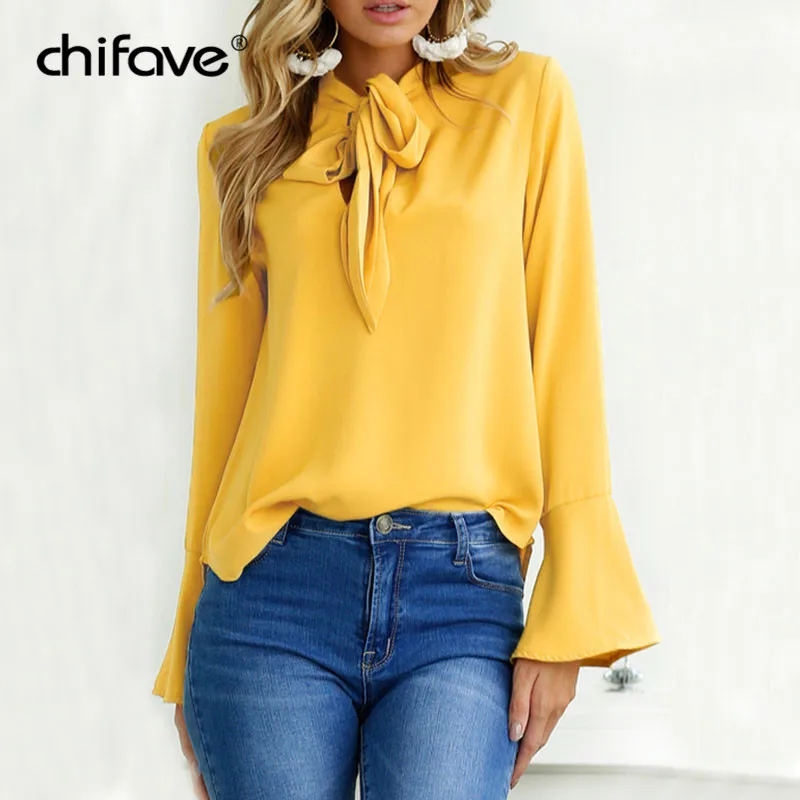 2018 Весна Для женщин Блузка офисная рубашка Повседневное на шнуровке с бантом Flare