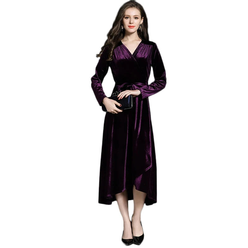 Зимние Обёрточная бумага Вельветовое платье элегантные женские талии галстук с