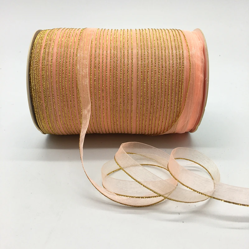 10yds/лот 3/8 &quot10 мм светло-розовый блеск Золотая оправа лента из органзы бант волос
