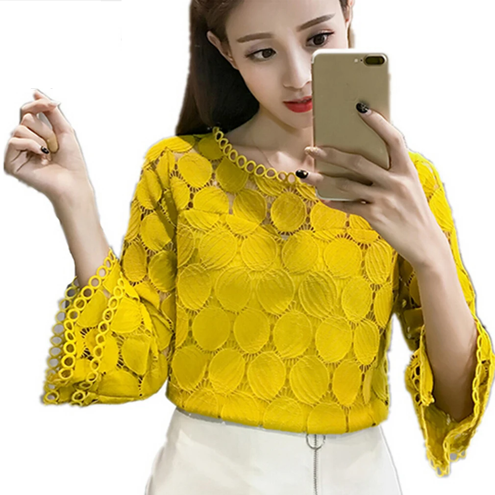 Женские кружевные блузки с о образными рукавами желтые абрикосовые белые|Блузки|