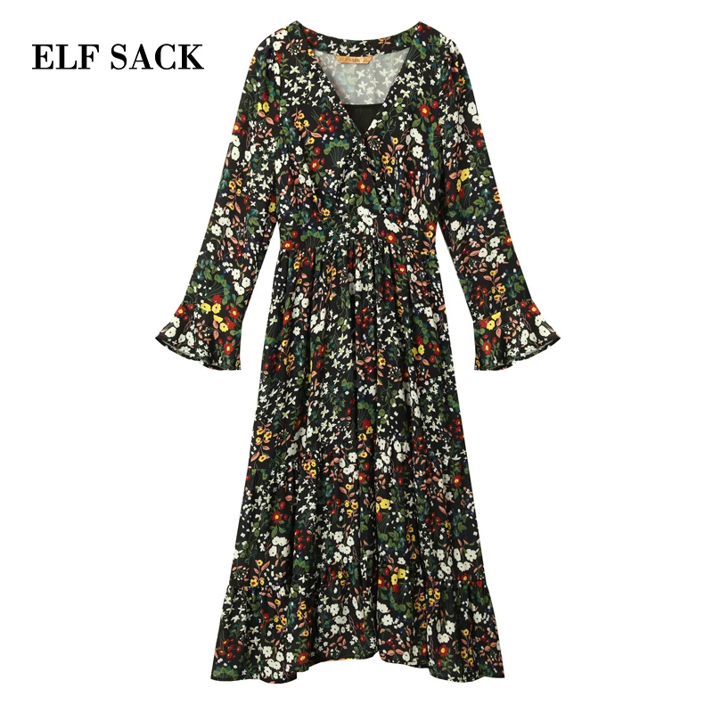 ELFSACK, весна, новое женское шифоновое платье с полным принтом, прямые женские платья с v-образным вырезом, высокая талия, Femme Vestidos, вечерние платья