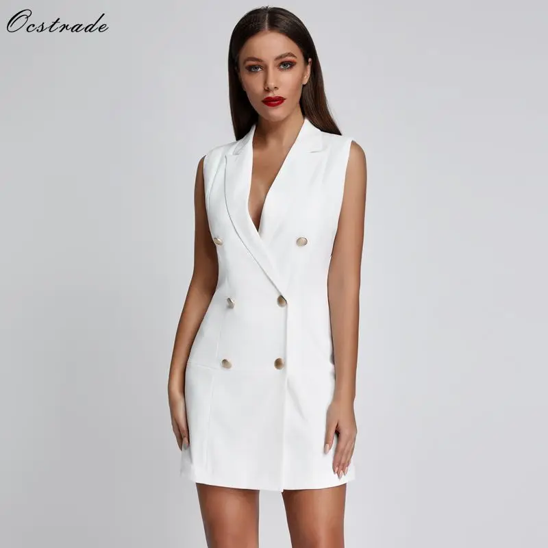 Ocstrade белый V шеи без рукавов Мини Мода Bodycon платье FSY19010-White