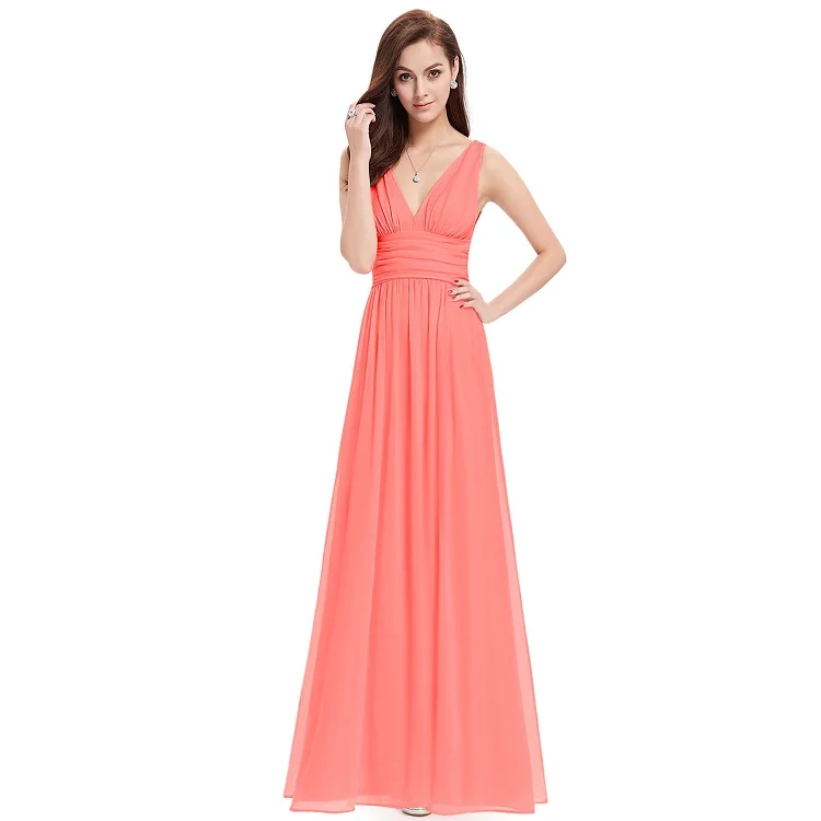 Vestido Fiesta Mujer Ever Pretty, длинное шифоновое свадебное платье трапециевидной формы с v-образным вырезом, элегантные королевские синие платья подружек невесты - Цвет: Coral