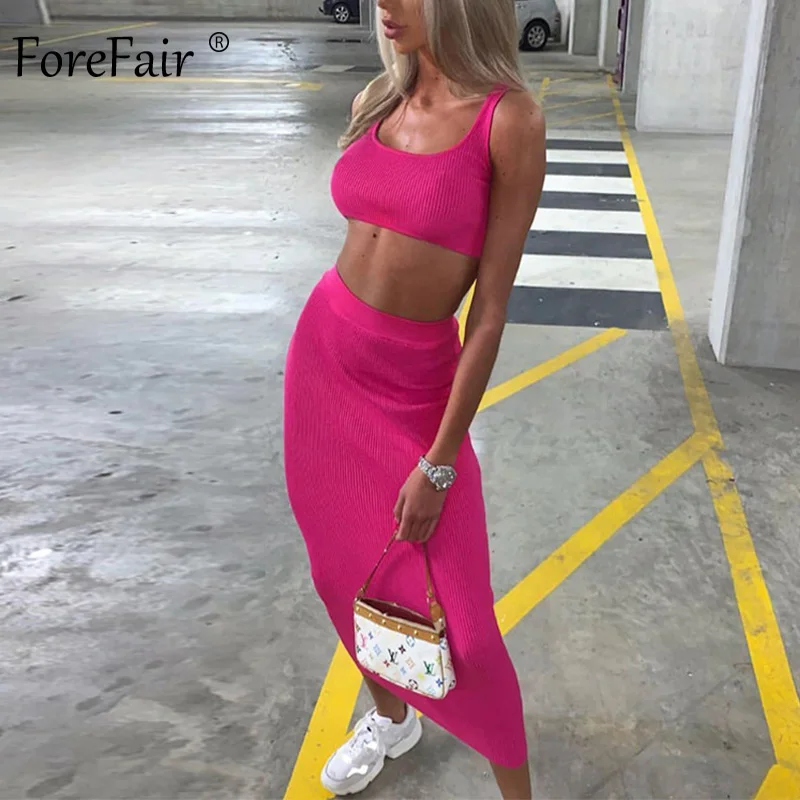 Rose Red Dress Forefair женское летнее платье из двух частей, неоновый розовый зеленый оранжевый с открытыми плечами, 2 предмета, вечерние, Клубные, ребристые, трикотажное, сексуальное, миди платье - Цвет: Rose Red Dress