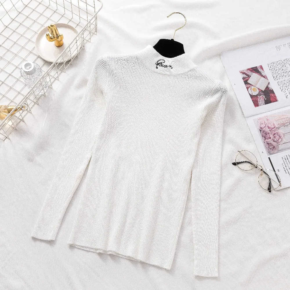 2019 New Spring Autumn Women Knitted Sweater Fashion embroidery Warm Turtleneck Casual long sleeved Pullovers And Sweaters | Женская