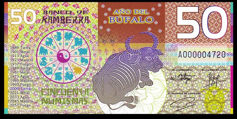 Kamberra 50 Numismas Китай лунный 2009 год полимер UNC Ox (Bull) банкноты нераспространенный