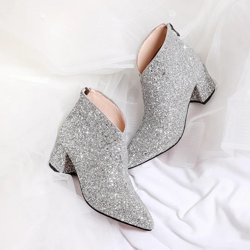 WETKISS New Sequin Cloth Women Ankle Boots Party Wedding Female Boots Pointed Toe Glitter Zip Bootie Sexy Thick High Heel Shoes