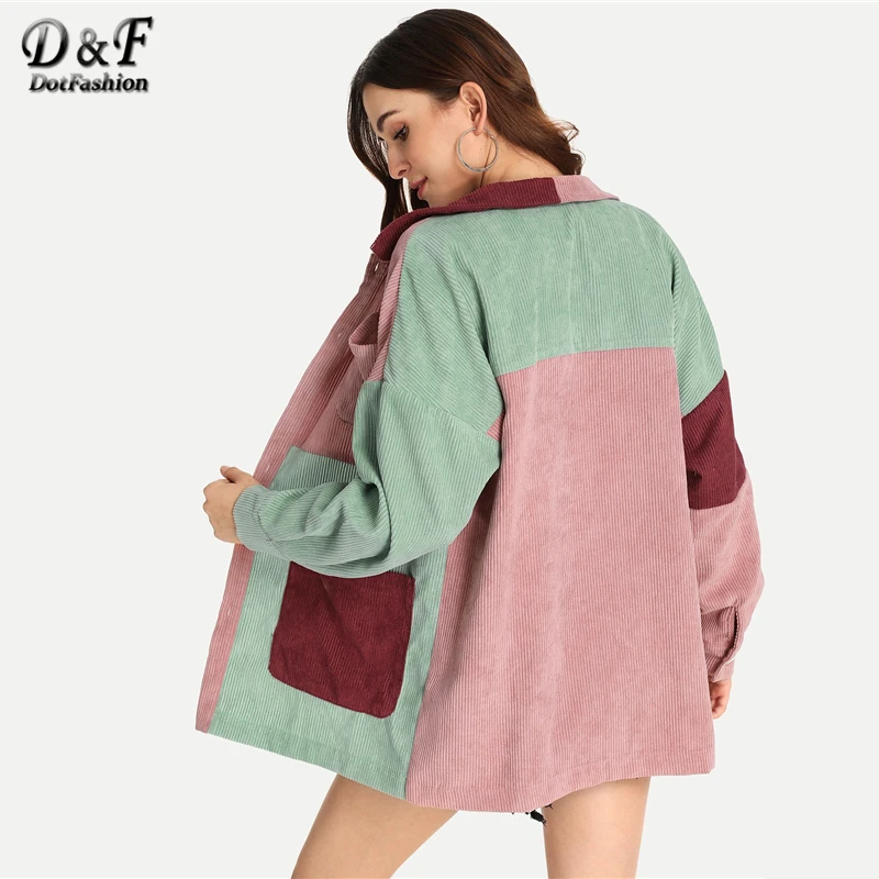 Dotfashion, вельветовое пальто с цветными блоками, карманами и пуговицами спереди, Женская Повседневная Осенняя однобортная одежда с длинным рукавом, женская верхняя одежда