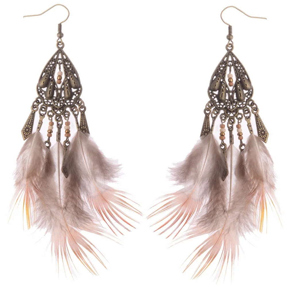 Amader бронзовые висячие серьги с перьями бисер длинные кисточками Винтажные для