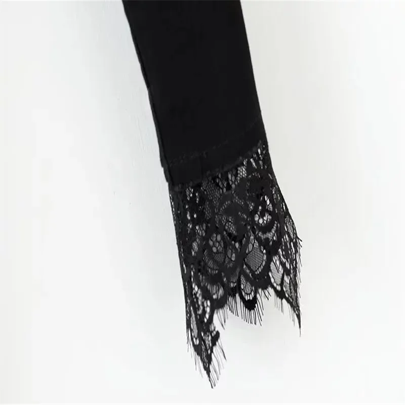 New Bursting Women's Jean High Waist Lace Elastic Black Denim with Hole Woman Trousers Long Pants Female Clothing |
