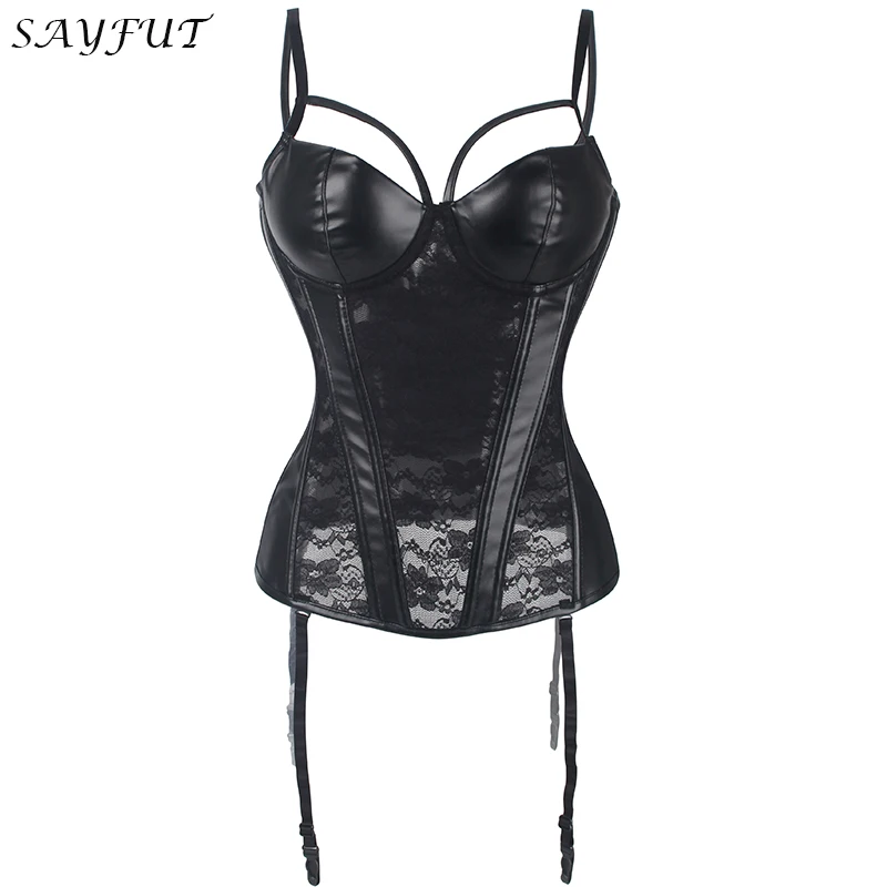 Black SAYFUT корсет сексуальный бюстье Кружевное Бюстье черный корсет с эффектом пуш-ап Готический корсет для коррекции фигуры кожаный корсет размера плюс - Цвет: Black