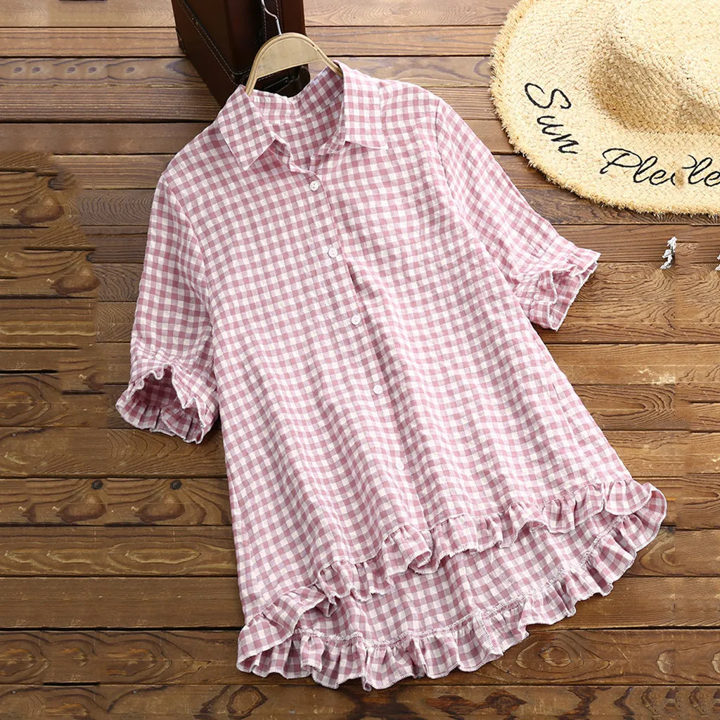 Женские блузки с принтом в клетку отложным воротником и расклешенными рукавами