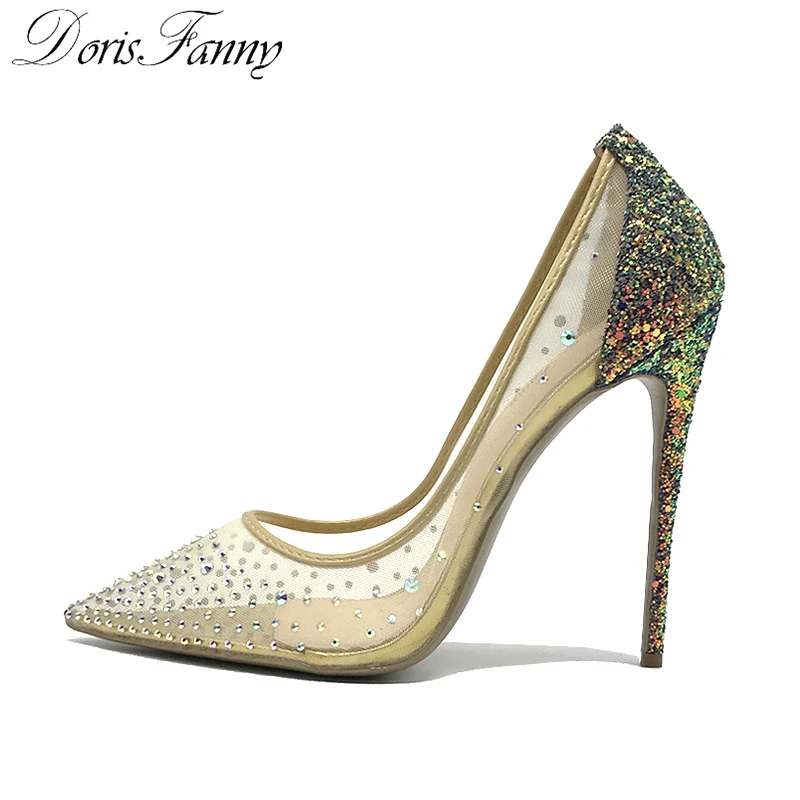 

Doris Fanny Crystals women shoes high heels sexy stilettos glitter shoes Wedding high heels pumps 12cm large size 44