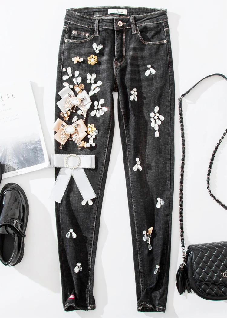 Размера плюс с высокой талией джинсы для женщин украшенные стразами конструкции