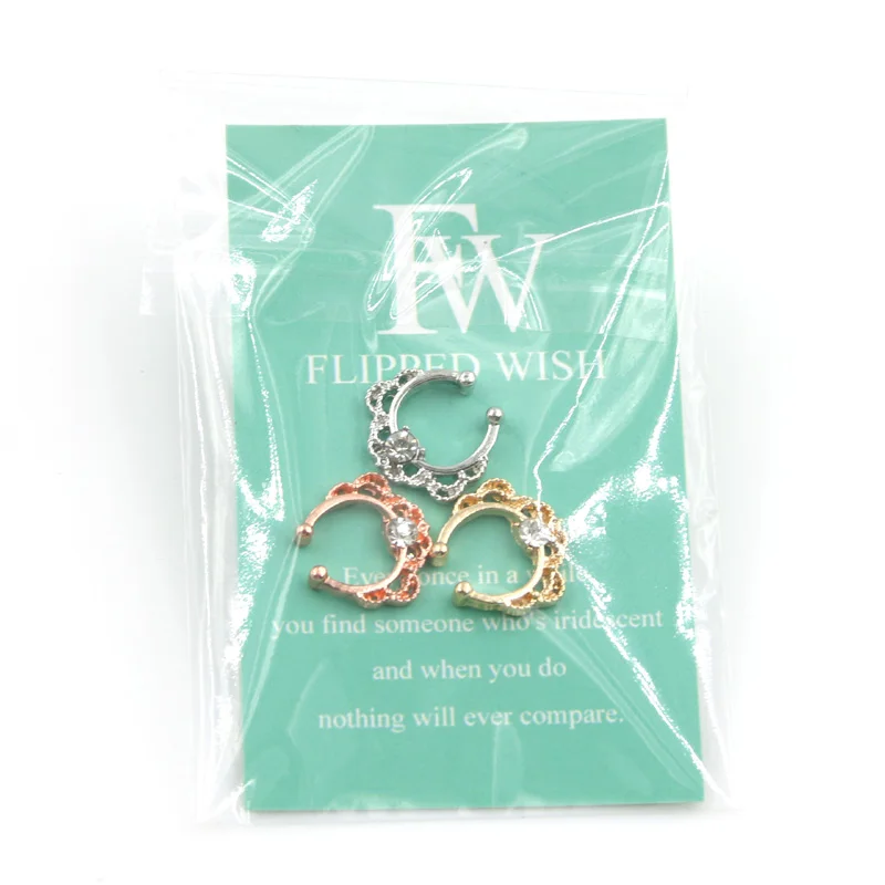 New Design Crystal Pierced Unique Nose Ring Fake Septum for Women Piercing Hanger Jewelry Hoop Body 3 Colors | Украшения и