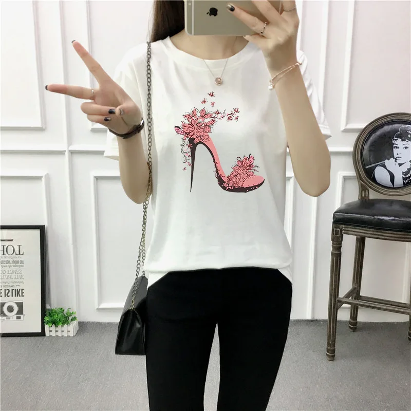 Flower High heeled shoes Cartoon watermelon Banana print Summer Women Tee Shirts Punk Round Neck Tops Girl Casual T-shirts | Женская
