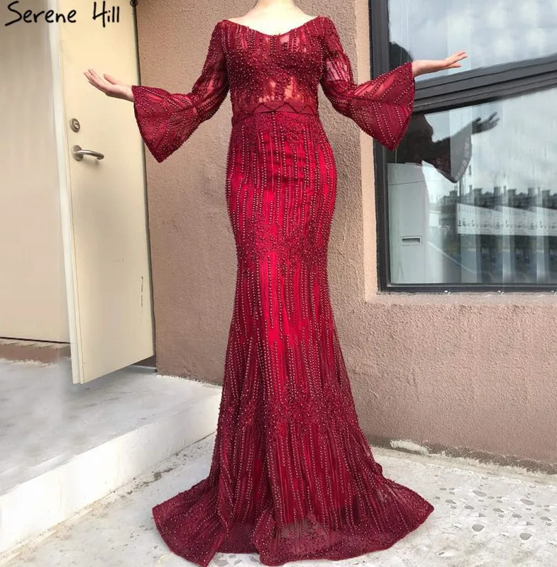 Robe De Soiree вечерние платья с v-образным вырезом Русалка жемчуг Кристалл Сексуальные Длинные рукава Модные Вечерние Платья - Цвет: wine red