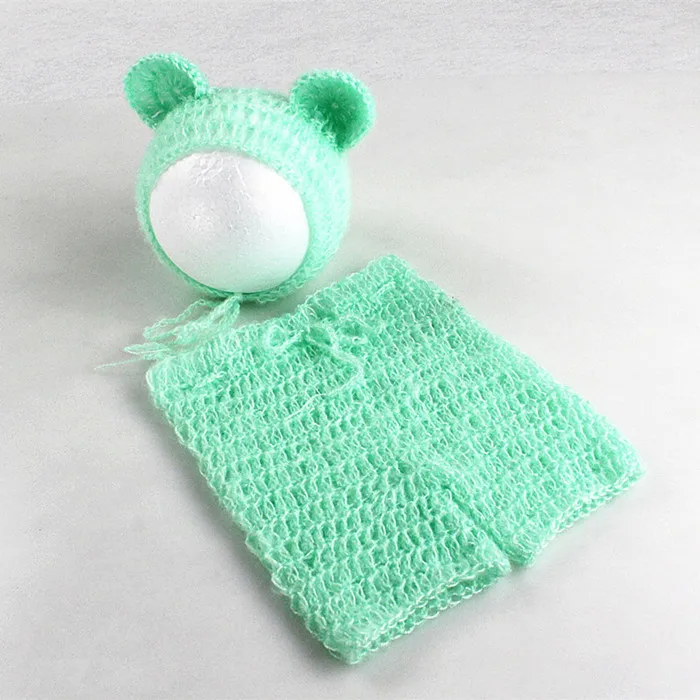 Mint Green Реквизит для фотосъемки новорожденных, мохеровая Одежда для новорожденных, шапка с медвежонком+ штаны, комплект одежды для новорожденных, детская одежда, реквизит-аксессуары для фото - Цвет: Mint Green