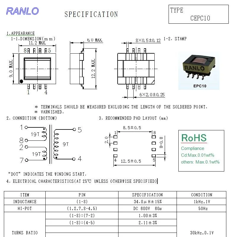 RANLO EPC10 5V трансформатор для поверхностного монтажа DC В трансформатор|transformer