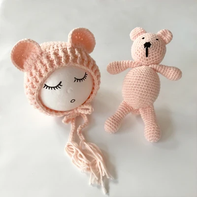 light pink Новорожденных фотографии медведь уши вязаный крючком шапки для детских фотографий стрелять вязаная игрушка медведь Детские кепки - Цвет: light pink