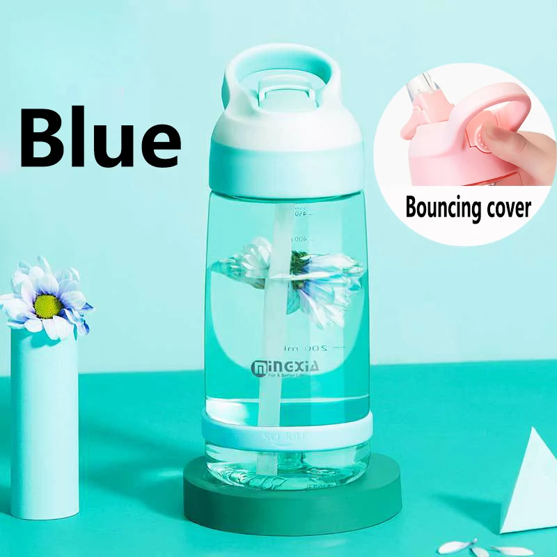 Blue Креативная портативная прозрачная соломенная пластиковая Студенческая бутылка для воды для девочек, для улицы, Герметичная Бутылка Для Воды - Color: Blue