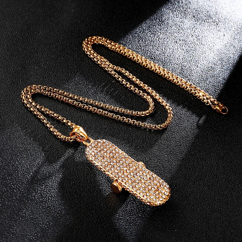 Хип-хоп Bling Iced out подвеска в виде доски для скейтборда ожерелье золотого цвета 316L