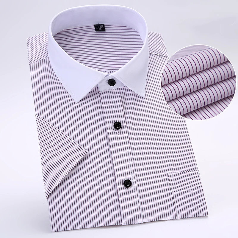 

S to 8xl Fashion summer large men striped dress shirt patchwork white collar short sleeve slim fit non-iron social shirts
