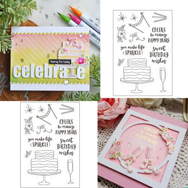 День рождения баннеры торт шампанское прозрачный штамп для DIY скрапбукинга/фото