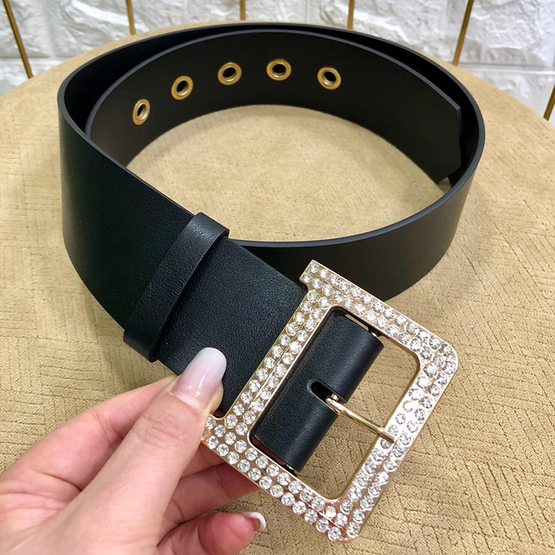Подлинная коровья кожа кожаный ремень для платья Bling Пряжка с бриллиантами 5,0 см широкий пояс женский модный пояс с буквенным принтом Jc3026