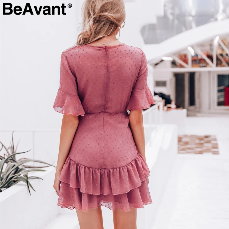BeAvant элегантное многослойное летнее платье с рюшами, женское Короткое платье в горошек с высокой талией, повседневные шифоновые платья с v-образным вырезом, женские платья